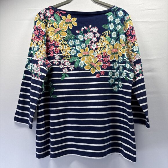 Talbots Tee Top Size LP Floral Stripe Navy Blue Colorful 3/4 Sleeve Knit Stretch - Picture 2 of 7